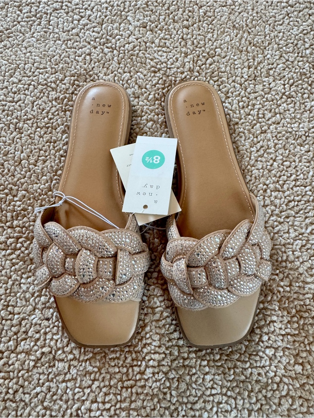A New Day Rhinestone Braided Slide Sandals 8.5 Nude Glam Vacation NWT